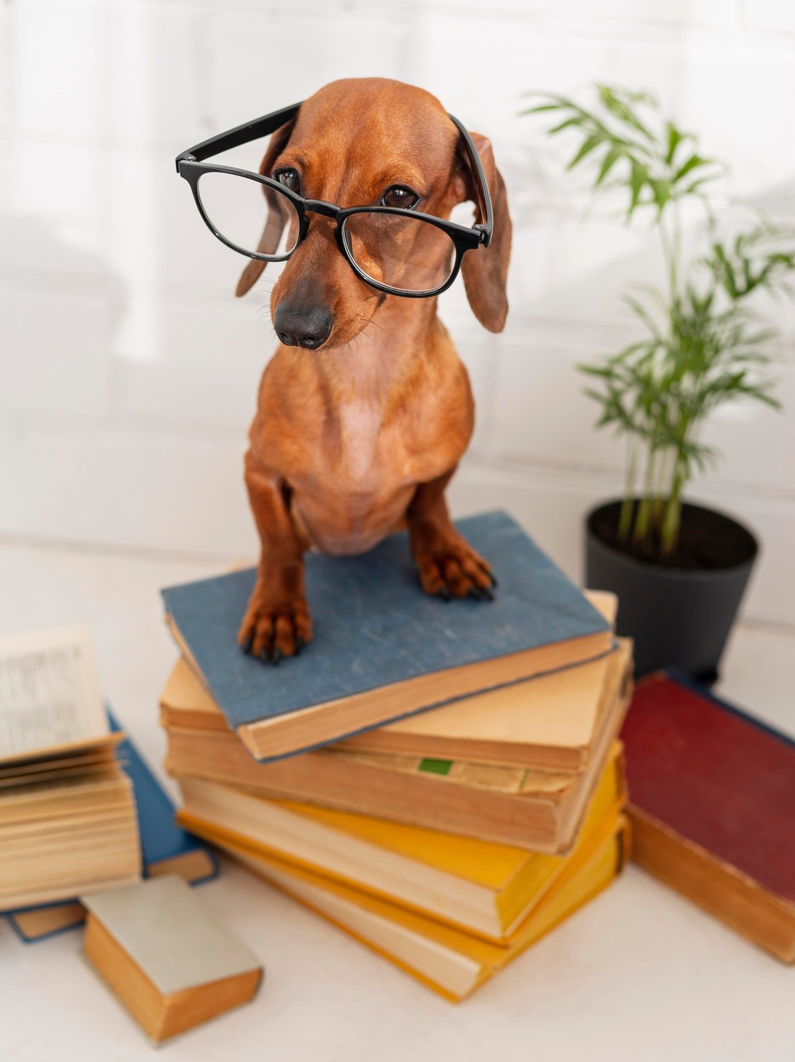 Cute Dog with Eyeglasses Sitting on Books